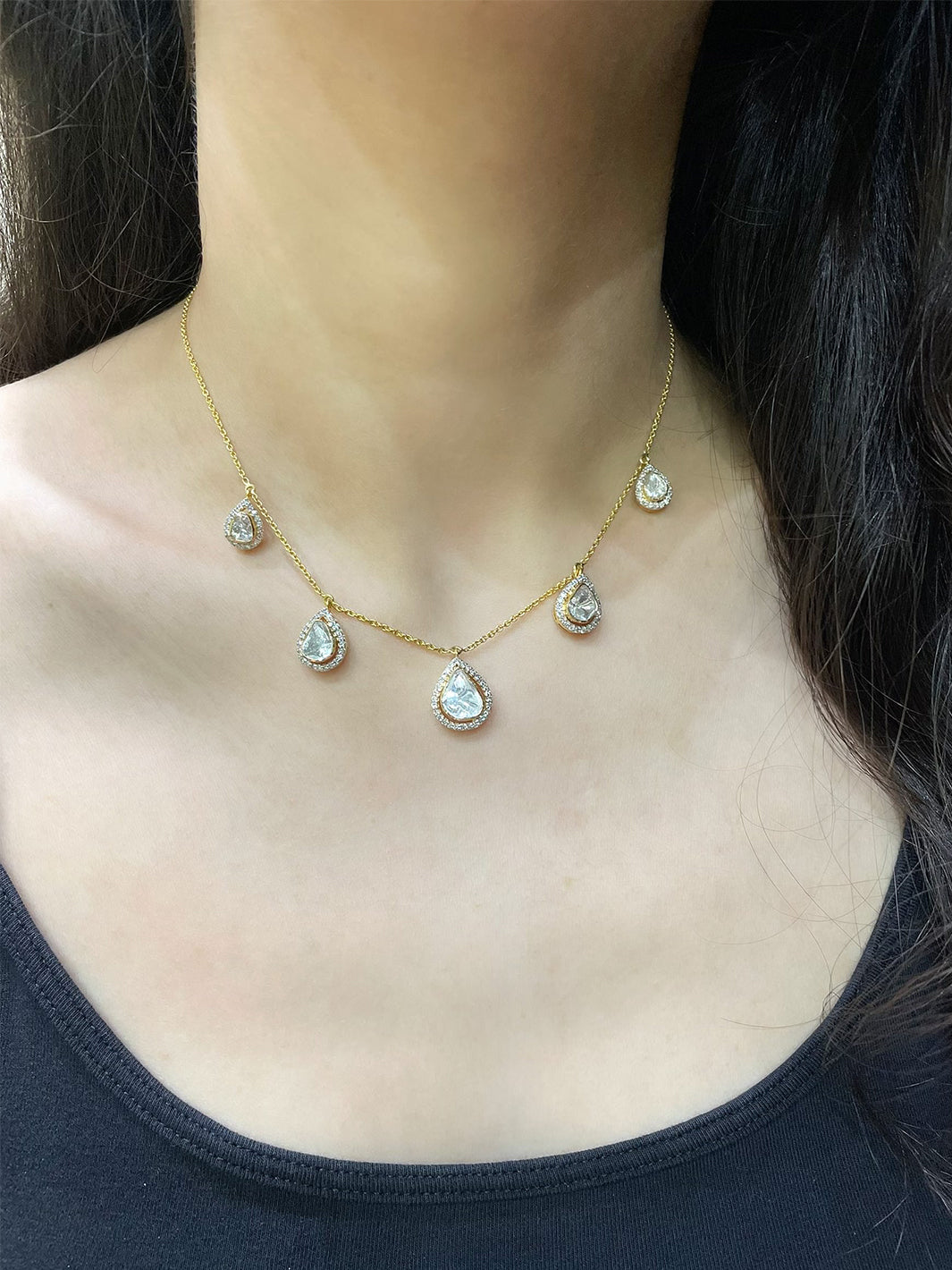 Dangling Polki drop necklace with traditional Polki stones, ideal for weddings and festive occasions